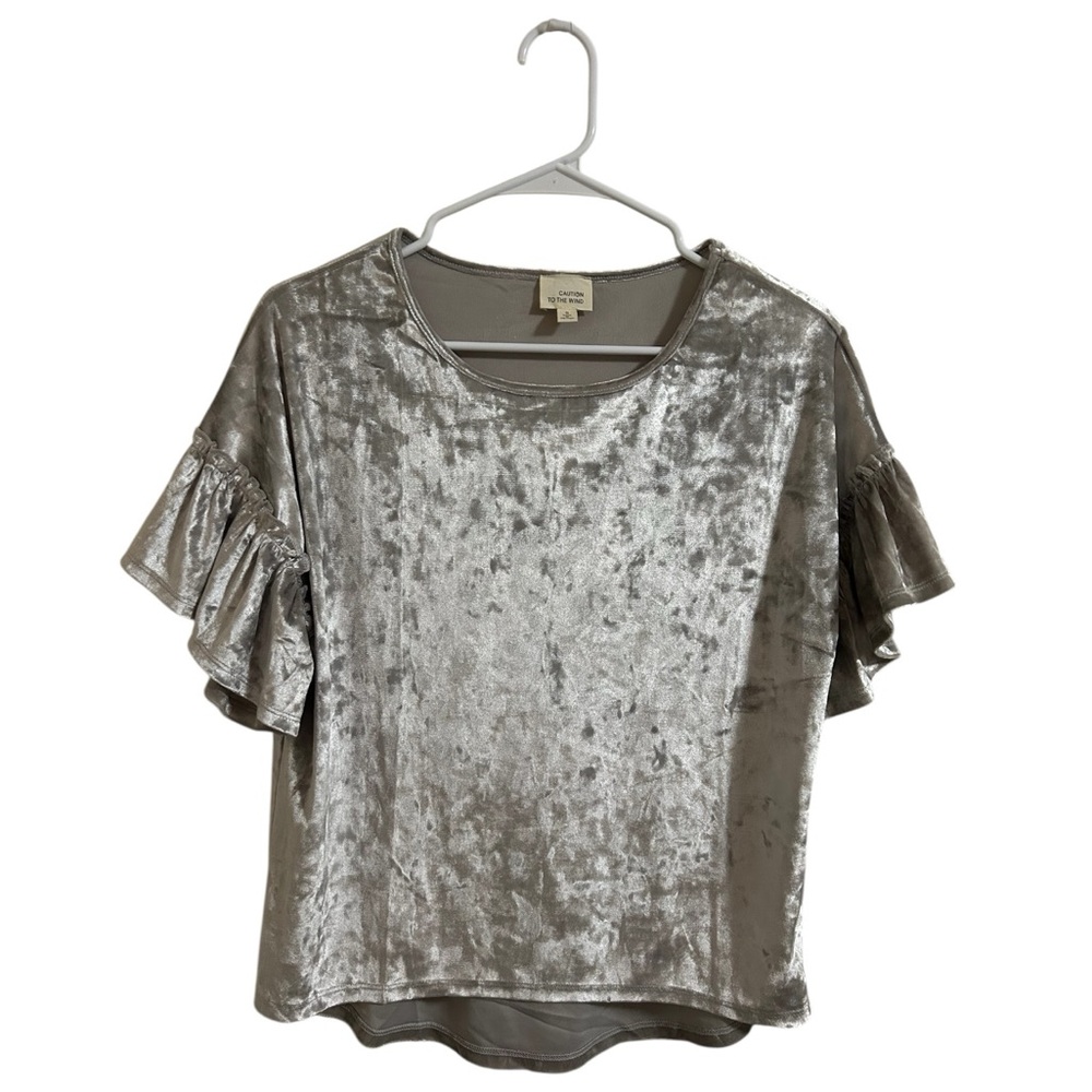 Caution to the Wind Gray Velvet Ruffle SleeveTop